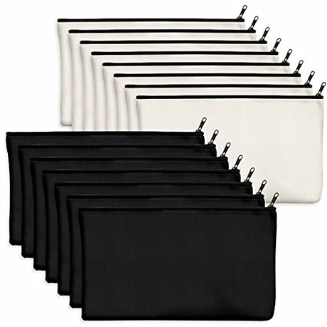 15 Pack Blank Cotton Canvas DIY Craft Zipper Bags Pouches Pencil Case for Makeup Cosmetic Toiletry Stationary Storage (Beige & Black 8.3” x 4.7”) Vantasii