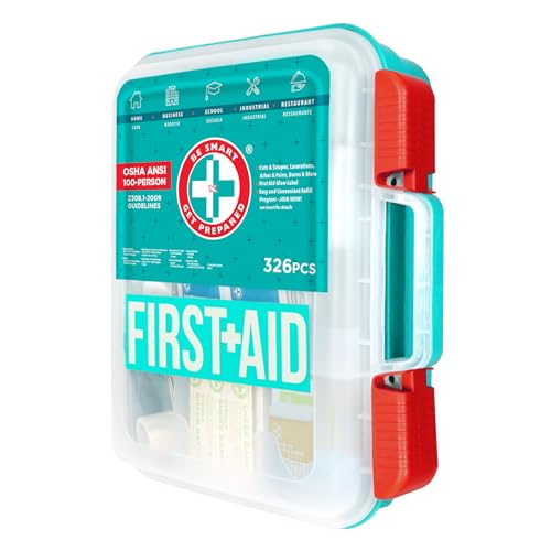 Be Smart Get Prepared First Aid Kit, Teal, 326 Piece, Exceeds OSHA and ANSI Guidelines 100 People - Office, Home, Car, School, Emergency, Survival, Be Smart Get Prepared