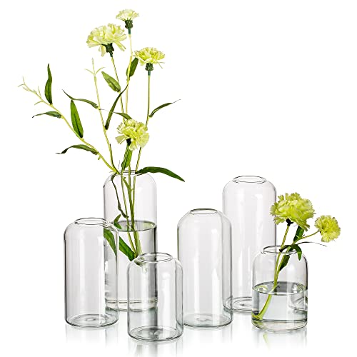 Glass Bud Vases for Flowers - Hewory Blown Modern Small Glass Vases for Centerpieces Set of 6, Mini Clear Bulk Flower Vases for Wedding Party Events - WoodArtSupply