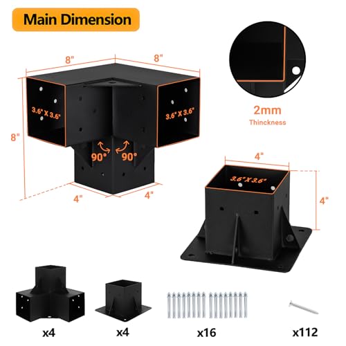 Neorexon Pergola Bracket Kit Elevated Wood Stand Kit Woodwork for 4 "x 4" (Actual 3.6 X 3.6 inch), Wooden Gazebo Kit for Outdoor 3 Way Right Angle - WoodArtSupply