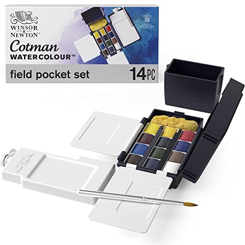 Winsor & Newton Cotman Watercolor Paint Set, Field Pocket Set, 12 Half Pan w/ Brush, Sponge, Bottle - WoodArtSupply