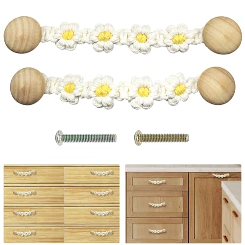 2 PCS Bohemian Style Braided Flower Rope Wooden Pulls Door Cute Flower Handle Woven Rope Decorative Dresser Knobs Kitchen Cabinet Wardrobe Cupboard - WoodArtSupply