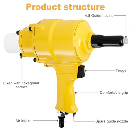 Consfly Pneumatic Rivet Gun, Dual Cylinder Design Air Riveter, 3/32", 1/8", 5/32", 3/16" and 1/4" Capacity, Stronger Pulling Force, Heavy Duty Pop Consfly
