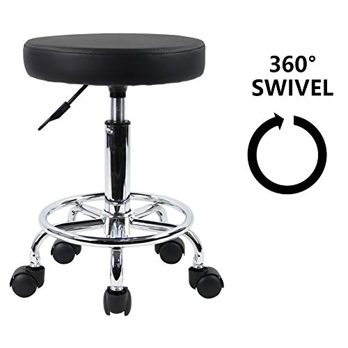 KKTONER PU Leather Round Rolling Stool with Foot Rest Swivel Height Adjustment Spa Drafting Salon Tattoo Work Office Massage Stools Task Chair Small KKTONER