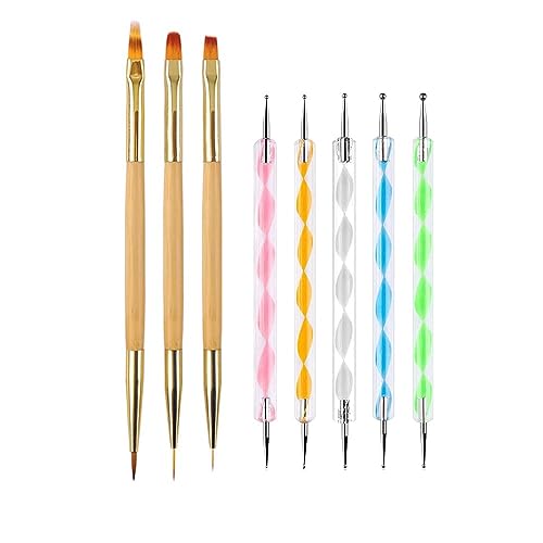 KLDKUST 5PCS Dotting Pens and 3PCS Nail Painting Brushes, Double Ended Nail Brushes and Dotting Tool Kit, Nail Art Design Tools KLDKUST