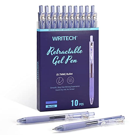 WRITECH Fine Point Gel Pens: Retractable 0.7mm Blue-Ink Color Pen for Journaling Smooth Writing Fine Point Tip Quick-dry Ink No Bleed Set 10ct WRITECH