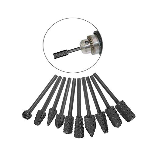 Eyech 10pc 1/8''(3mm) Shank Carbon Steel Rotary Burr Rasp Set Wood Carving File Rasp Drill Bits for DIY Woodworking Wood Carving Polishing Grinding Eyech