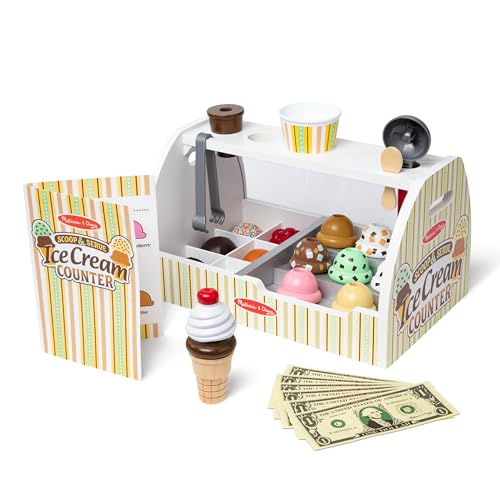Melissa & Doug Wooden Scoop and Serve Ice Cream Counter (28 pcs) - Play Food and Accessories - Pretend Food Toys, Ice Cream Shop Toys For Kids Ages Melissa & Doug