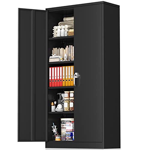 Greenvelly Storage Cabinet, 72” Black Garage Steel Locking Cabinet with Doors and 4 Adjustable Shelves, Tall Lockable File &Tool Cabinet for Home