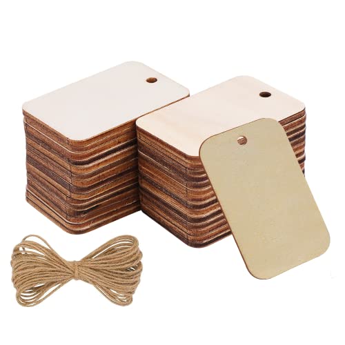 Hion Wooden Tags, 100 Pcs 2x1.3 inch Rectangle-Shaped Unfinished Wood Pieces - Light, Natural Rustic Cutouts with 3M Hemp Rope - Ideal for DIY