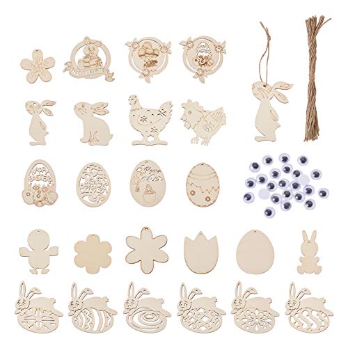 Craftdady 48pcs Easter Wooden Ornaments Wood Pieces Unfinished Egg Chick Hen Bunny Flower Wood Cutouts with Hemp Ropes, Wiggle Googly Eyes for DIY Craftdady