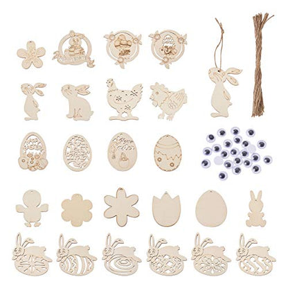 Craftdady 48pcs Easter Wooden Ornaments Wood Pieces Unfinished Egg Chick Hen Bunny Flower Wood Cutouts with Hemp Ropes, Wiggle Googly Eyes for DIY