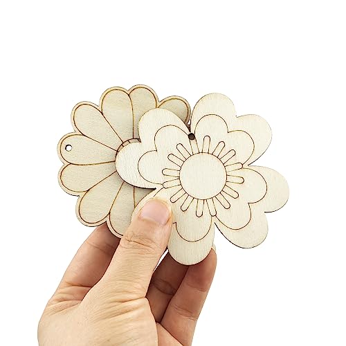 32 Pack Wood Flower Cutouts Unfinished Wooden Flower Hanging Ornaments DIY Flower Craft Gift Tags for Thanksgiving Christmas Home Party Decoration