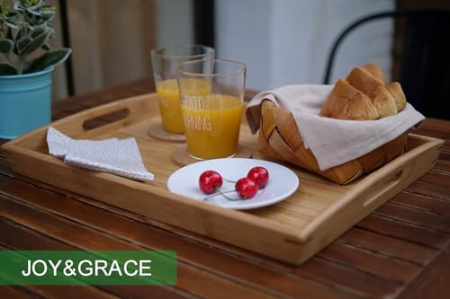 Joy&Grace 100% Bamboo Wood Butler Serving Tray with Handles - Breakfast/Coffee Table Tray, Decorative Ottoman Tray, Serving Platter for Joy&Grace