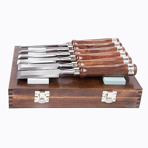 6 Pcs Wood Chisel Sets, 2 Sharpening Stones, walnut handles, 60 chrome vanadium steel blades, presentation in wood box - WoodArtSupply