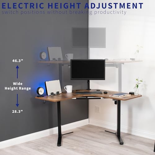 VIVO Electric Height Adjustable L-Shaped 47 x 47 inch Standing Desk, Rustic Vintage Brown Corner Table Top, Black Frame, Stand Up Workstation,