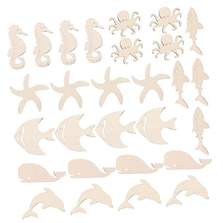 Anneome 28pcs Doodle Marine Wood Chips Unfinished Wood Hanging Wood Ornaments Wood Fish Cutouts Blank Sea Animals Wooden Cutouts Wooden Fish Wooden Anneome