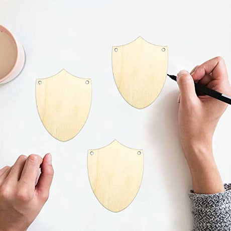 20pcs Wooden Shield Shapes Cutouts DIY Craft Embellishments Unfinished Wood Gift Tags Ornaments for Father's Day Halloween Christmas Decoration JANOU