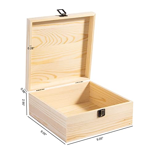 Useekoo Unfinished Wooden Storage Box with Hinged Lid, 9.1'' x 9.1'' x 3.9'' Large Keepsake Box, Rustic Wood Gift Boxes for Jewelry, Art Hobbies, DIY Useekoo