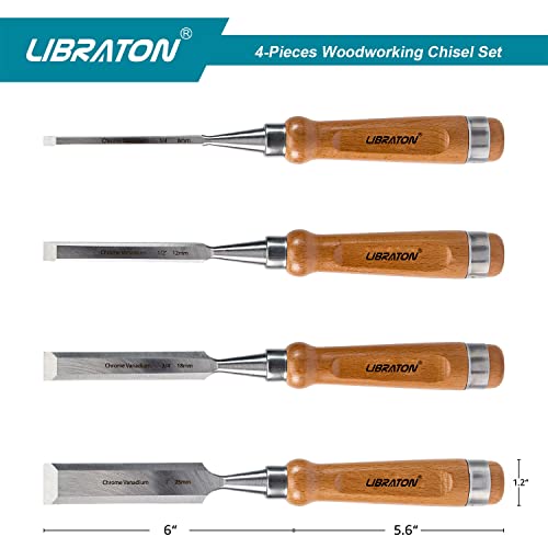Libraton Woodworking Chisel Set, 4pcs Cr-V Wood Chisels Set, Professional Chisels with Leather Pouch for Carpenter, Christmas Gift for Man LIBRATON