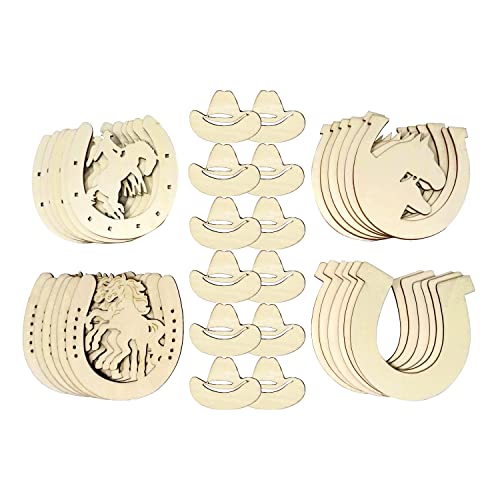 Honbay 36PCS Unfinished Cowboy Wooden Cutouts Blank Horseshoe and Hat Wood Discs Slices for Western Cowboy Cowgirl Party Decorations DIY Craft (5 HONBAY