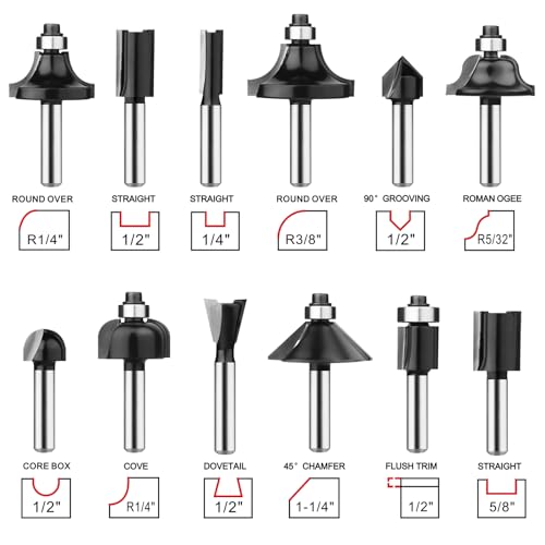 UTRUSTTO 1/4" Router Bit Set 12 Pieces, Tungsten Carbide Router Bits 1/4 Inch Shank, for Professional and Beginners Carpenter UTRUSTTO