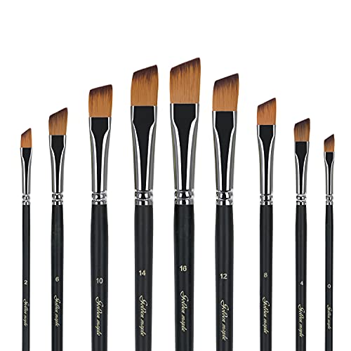 Angular Paint Brush, 9PC Oblique Tip Nylon Hair Long Handle Angled Paint Brushes Set Art Artist Professional Painting Supplies for Acrylic, golden maple