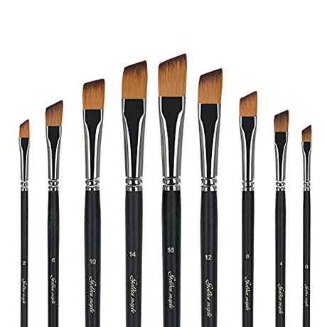 Angular Paint Brush, 9PC Oblique Tip Nylon Hair Long Handle Angled Paint Brushes Set Art Artist Professional Painting Supplies for Acrylic, golden maple