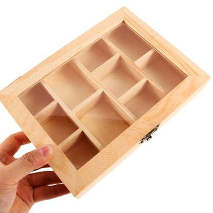 Alipis Rock Display Case Wood Blank Jewelry Organizer Box Tea Bag Organizer, Rock Collection Box 10 Grids Crystal Holder with Clear Lid