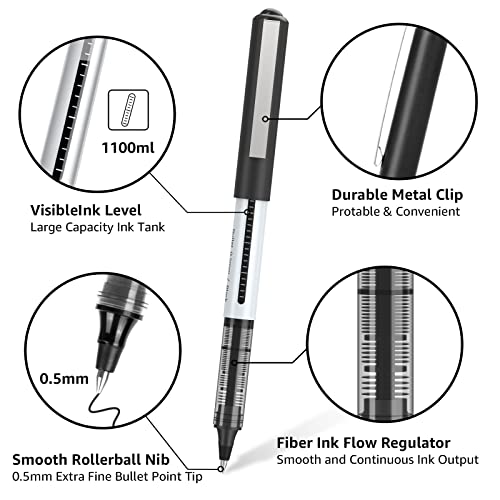 Rollerball Pen Fine Point Pens: 16 pack Black Liquid Ink Roller Ballpoint Gel Pens, 0.5 mm Extra Fine Tip Rolling Ball Stick Pens for Smooth Writing,