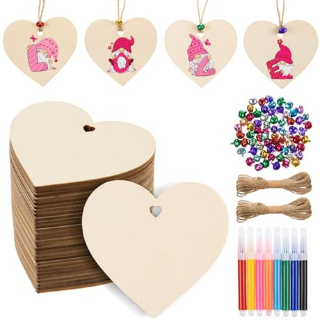 AWIZOM 72 Pcs Unfinished Heart Wood Slices Cutouts with Twine,Pens,Bells AWIZOM