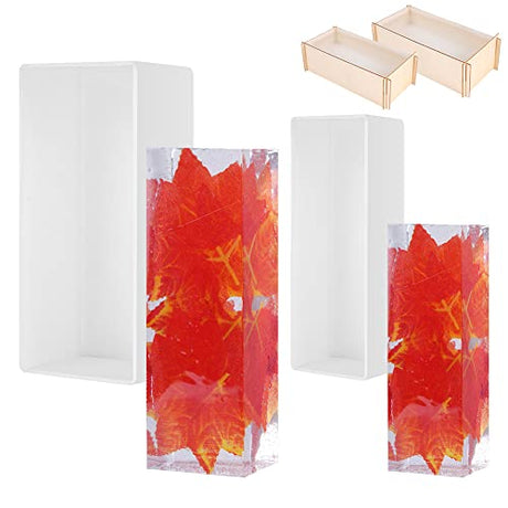 2PCS Different Size Silicone Resin Molds, Deep Rectangle Epoxy Resin Molds with Wooden Support, Large Size DIY Molds for Home Office Decoration Resin WUBOECE