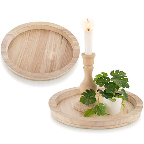 Hanobe Wood Decorative Tray：Set of 2 Round Unfinished Wooden Craft Trays DIY Ottoman Serving Tray Centerpiece Candle Holder Trays for Kitchen Hanobe
