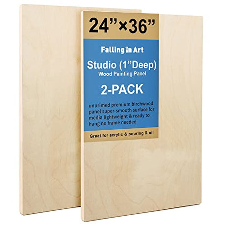 Falling in Art Unfinished Birch Wood Panels Kit for Painting, Wooden Canvas 2 Pack of 24 x36 Studio 1’’ Deep, Cradle Boards for Pouring, Art, Crafts, Falling in Art