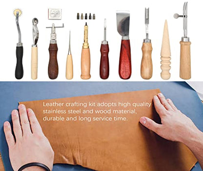 18Pcs Leather Stitching Working Tools kit Leather Craft Tools Perfect for Stitching Punching Cutting Sewing Leather Craft Making DIY Leathercraft