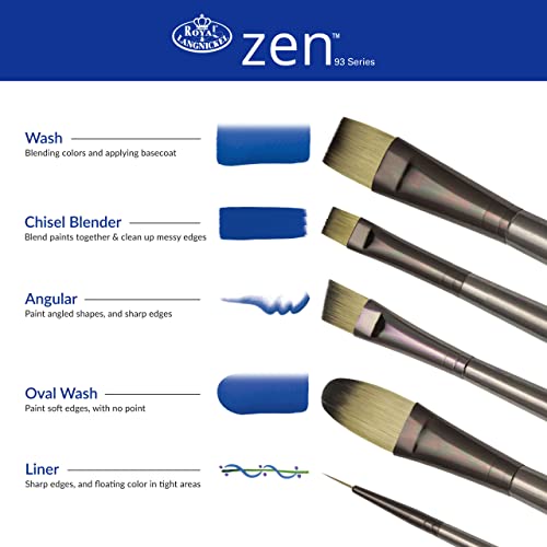 Royal & Langnickel Zen 5pc Standard Handle Brush Set, Includes - Wash, Oval Wash, Angular, Liner & Chisel Blender Brushes - WoodArtSupply