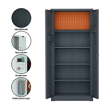 Garage Storage Cabinet 71" Tall Metal Storage Cabinet with 2 Doors and 4 Adjustable Shelf Height and Leg Levelers Includes Pegboard and Accessories