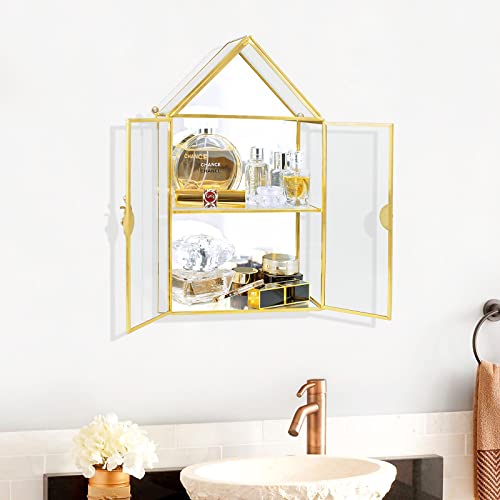 Wall Glass Cabinet Display for Perfume, Small Glass Display Curio Cabinets with Doors Wall Mounted, 2 Tiered Small Gold Curio Cabinet with Mirror Smilkat