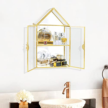 Wall Glass Cabinet Display for Perfume, Small Glass Display Curio Cabinets with Doors Wall Mounted, 2 Tiered Small Gold Curio Cabinet with Mirror Smilkat