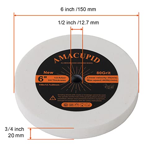 AmaCupid Bench Grinding Wheel 6 inch. for Sharpening Quenched Steel, High Carbon Steel and Other Cutting Tools. White Aluminum Oxide Abrasive. 1/2 AmaCupid