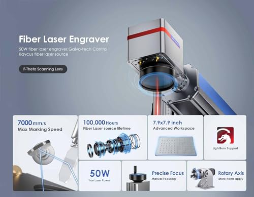 Monport 50W Fiber Laser Engraver,Compatible Lightburn Laser with 7.9" x 7.9" Work Area and 50W Laser Source, Fiber Laser Marking Etching Machine for Monport