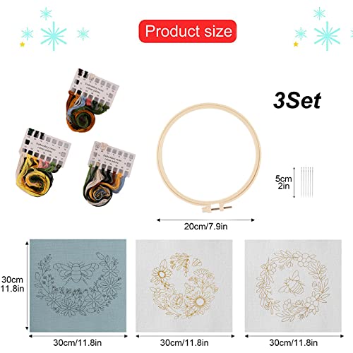 Lukinbox Embroidery Starter Kit for Beginners, 3 Sets Cross Stitch Kits for Adults, Include Embroidery Clothes with Cute Bees and Flowers Patterns, 1 Lukinbox