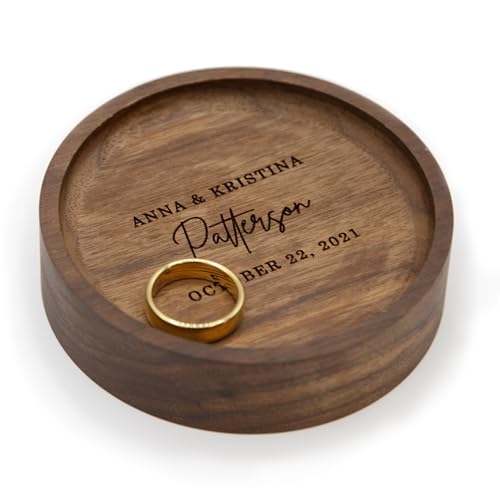 MUUJEE Personalized Walnut Wood Round Ring Tray Dish Jewelry Organizer for Small Items Bracelets Christmas Holiday Engagement Anniversary Wedding - WoodArtSupply