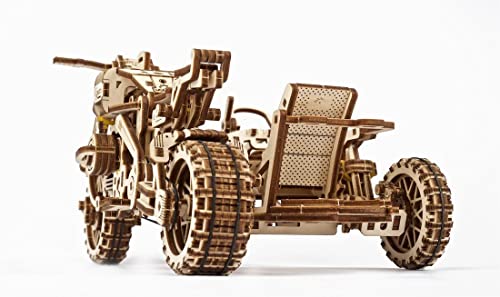 UGEARS Motorcycle with Sidecar 3D Puzzles - UGR-10 Motorcycle Scrambler Wooden Model Kits for Adults to Build - Retro Design Sidecar Motorbike Model UGEARS