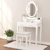 Mecor Vanity Table Set ,Makeup Table with Oval Mirror & Stool, Bedroom Wood Dressing Table with 4 Drawers White mecor