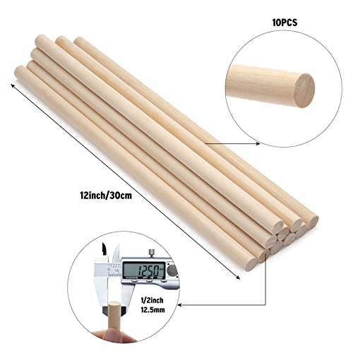 Wooden Dowel Dods Wood Dowels, 10PCS 1/2 x 12" Round Wooden Sticks for Craft, Macrame Dowel, Unfinished Hardwood Sticks for Arts and DIYers,