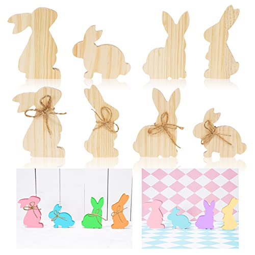 Whaline 8Pcs Easter Wooden Bunny Cutouts 4 Designs Unfinished Bunny Table Sign Pine Blank Wood Bunny Freestanding with Hemp Rope for Easter Spring