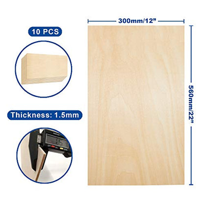 Plywood Sheet Board, A Grade, 22 x 12 inch, 1.5mm Thick, Pack of 10 Unfinished for Crafts Basswood by Craftiff