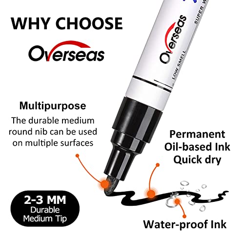 White and Black Paint Pens Paint Markers - 6 Pack Permanent Oil Based Paint Pen, Medium Tip, Quick Dry and Waterproof Marker for Rock, Wood, Metal, Overseas