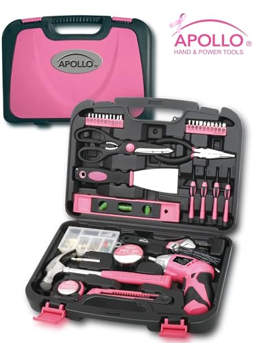 Apollo 135 Piece Household Tool Kit Pink with Pivoting Dual-Angle 3.6 V Lithium-Ion Cordless Screwdriver - DT0773N1